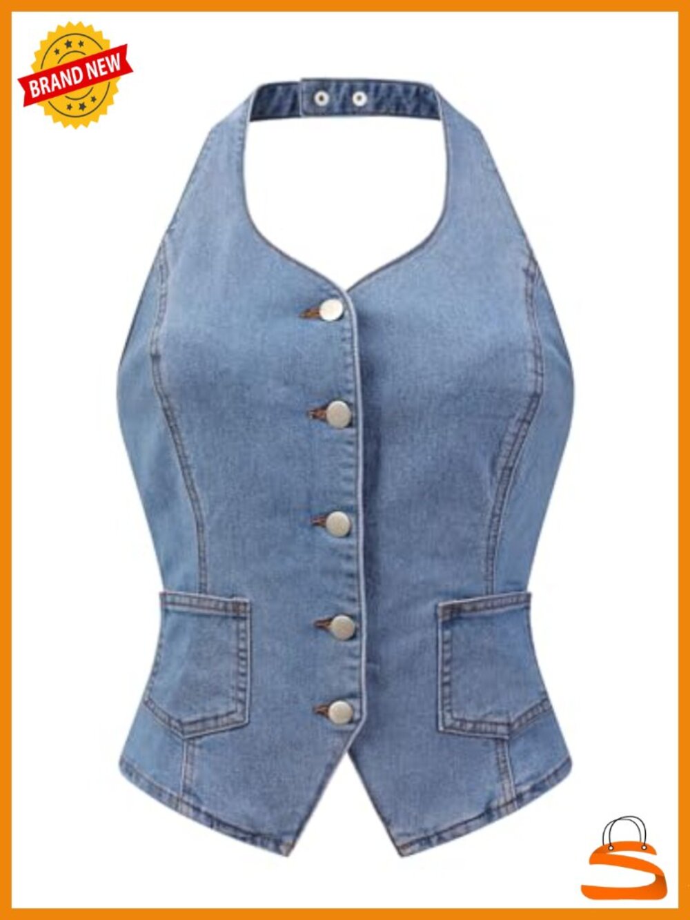 Denim Halter Vest Top Cropped Single Breasted